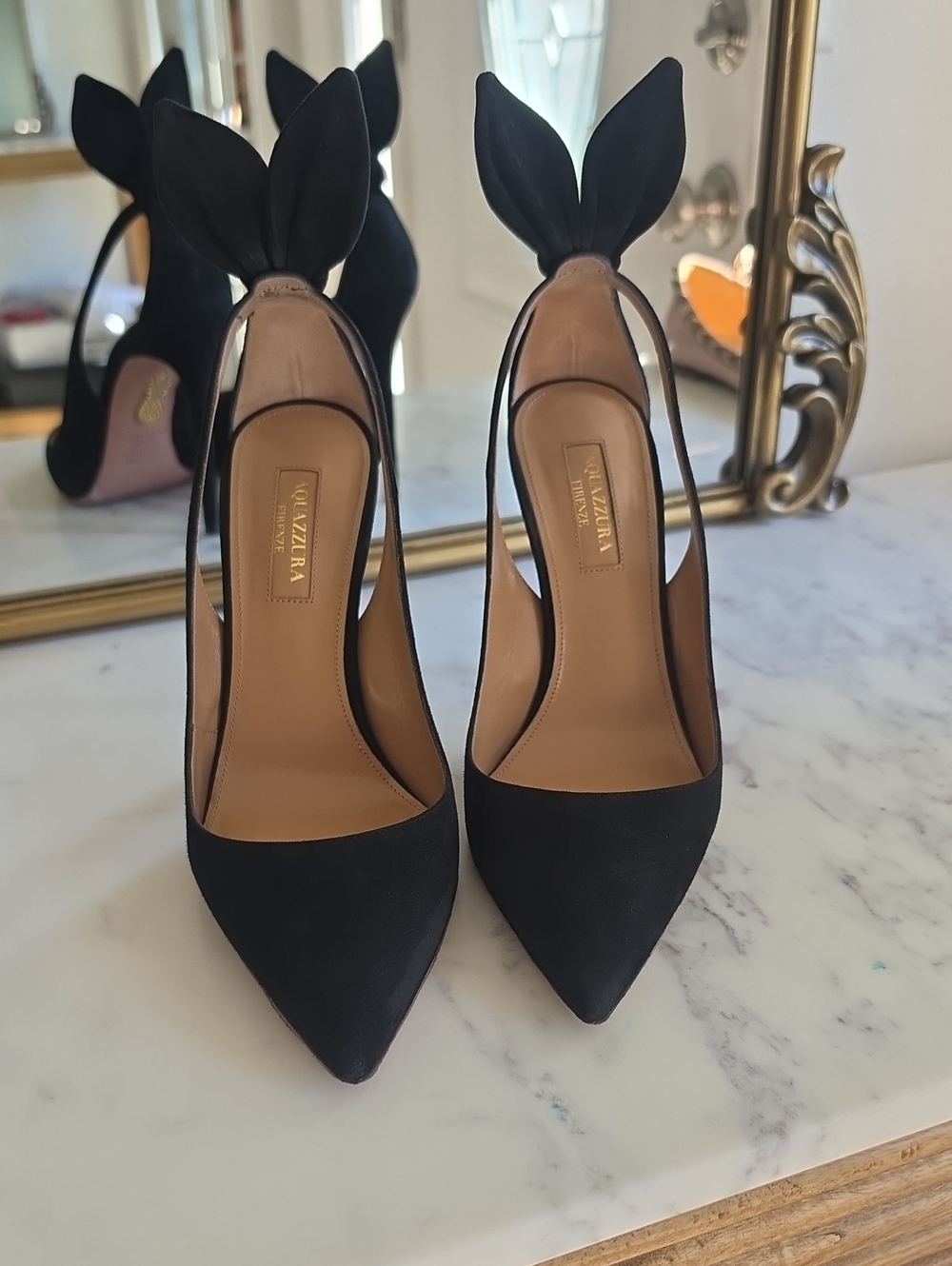 Aquazzura Black Suede Bow tie Slingback Pumps
